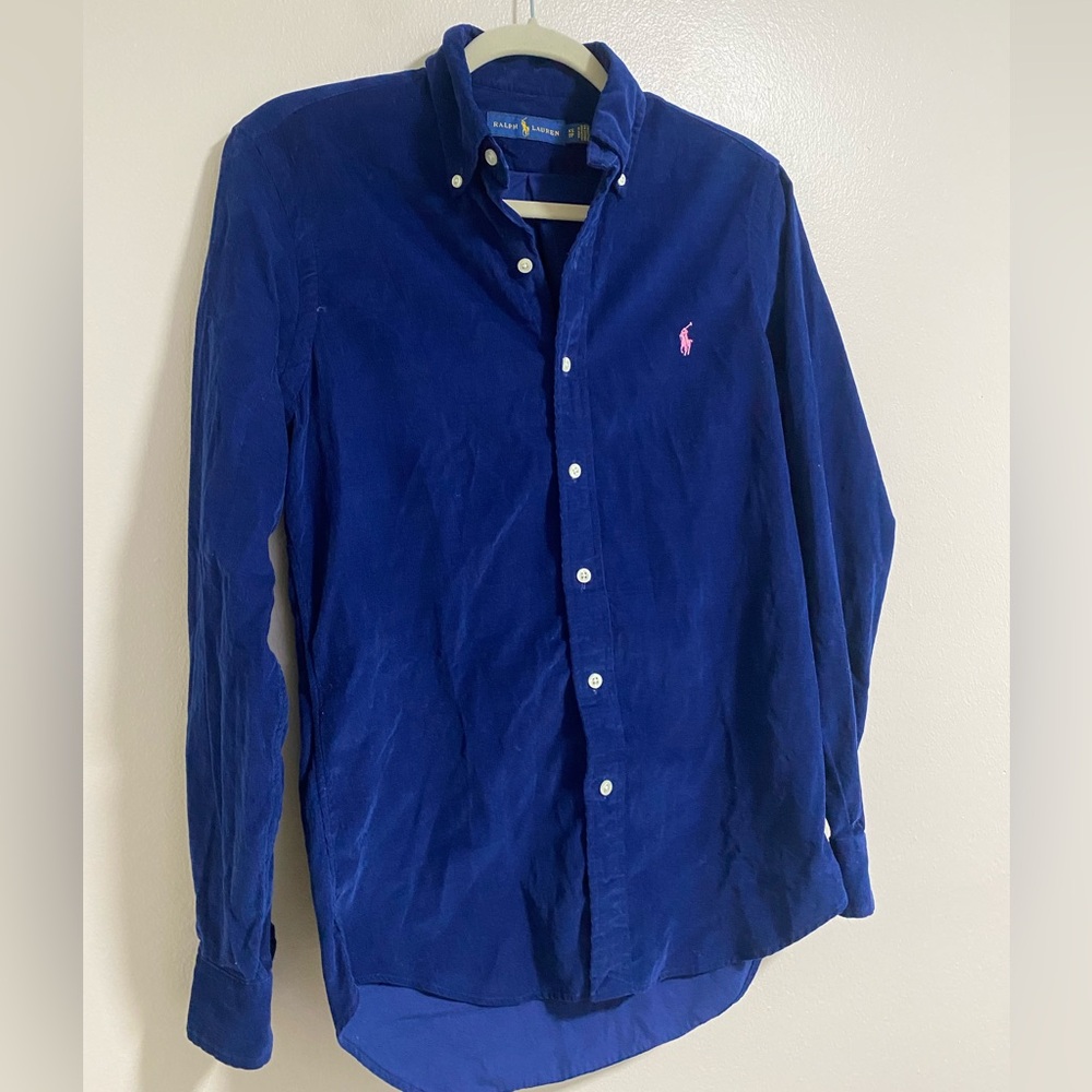 Ralph Lauren Navy Blue Button-Down Shirt with Pink Pony Logo - Picture 4 of 7